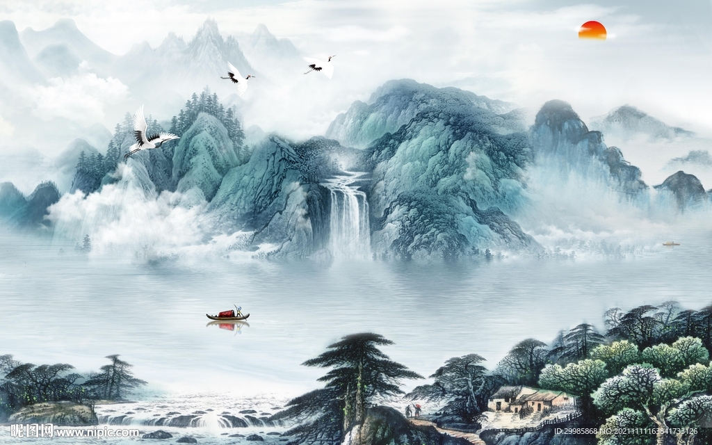 新款山水意境墙画 TIF分层