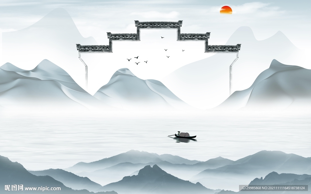 徽派山水意境墙画 TIF分层