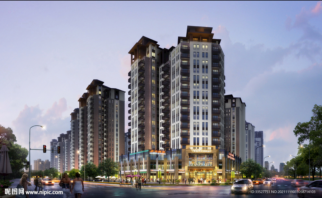 小区商业沿街夜景效果图