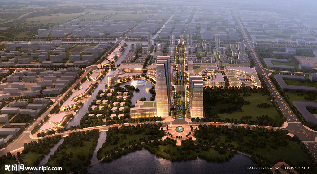 黄昏鸟瞰规划效果图