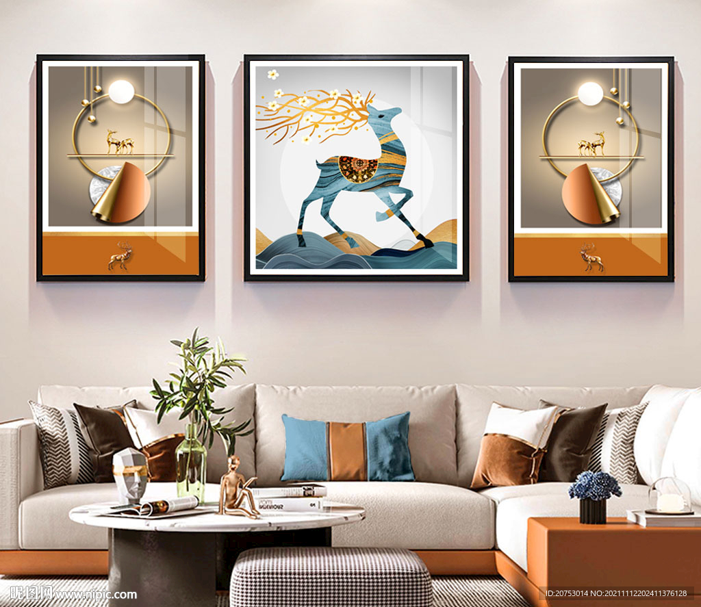 原创现代轻奢光影麋鹿立体装饰画