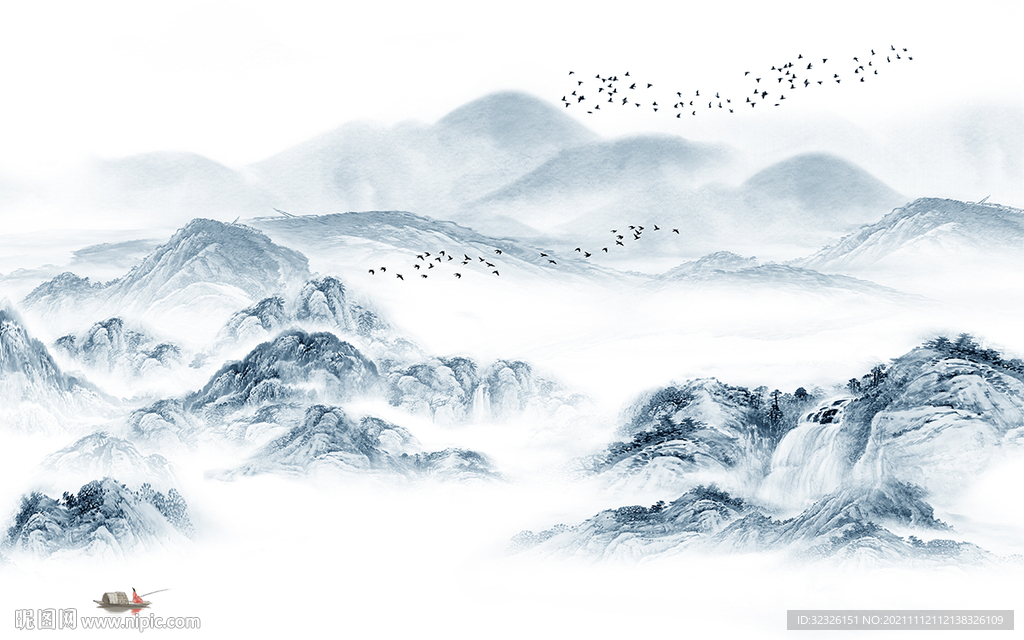 蓝色客厅山水背景 tif分层