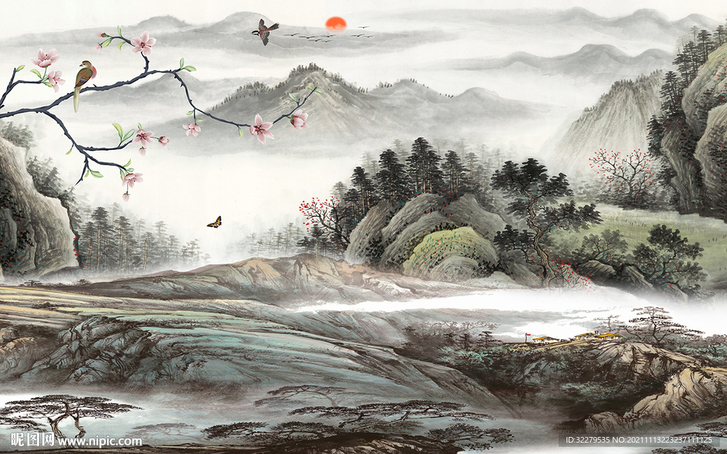 高清客厅墙画山水 TIF分层