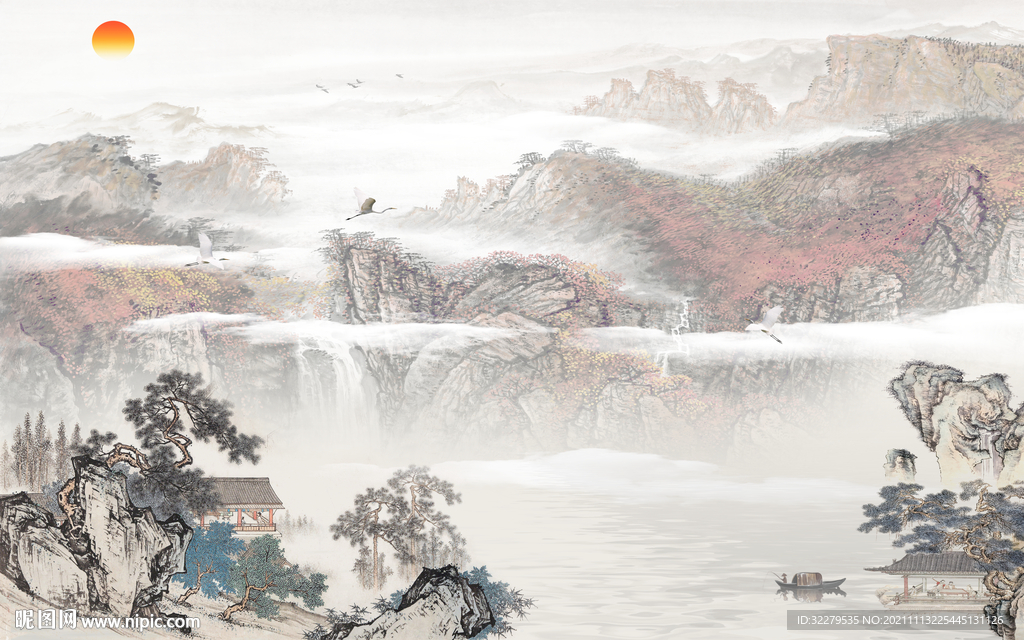 中国风客厅墙画山水 TIF分层