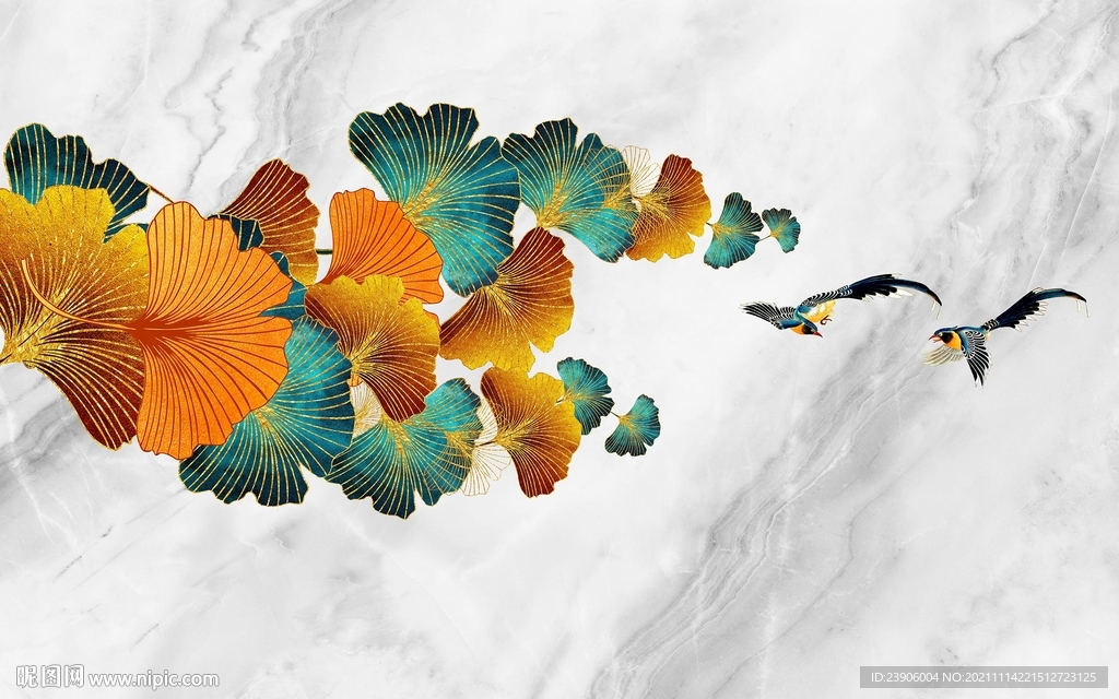 银杏花鸟大理石现代简约背景墙