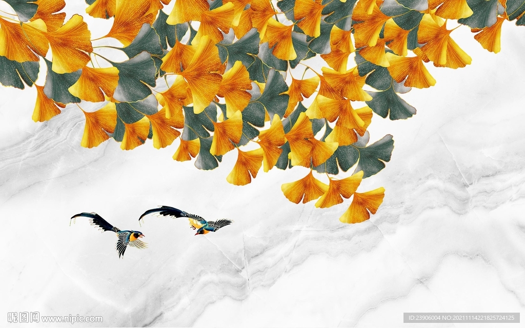 银杏花鸟电视背景墙