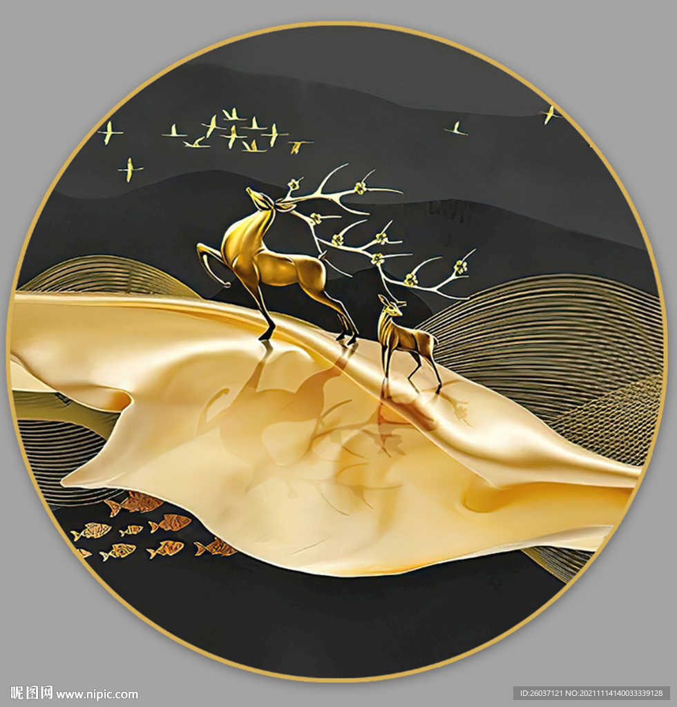 中式金色丝绸发财鹿山水装饰画