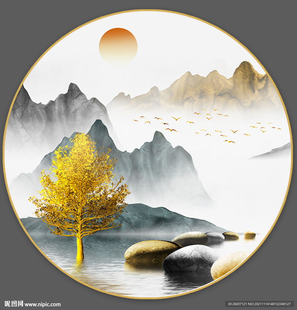 新中式石来运转山水圆形装饰画