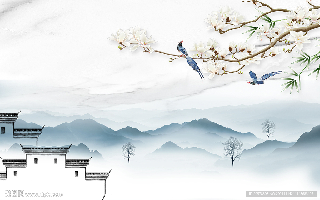 花鸟 风景山水墙画 TIF分层