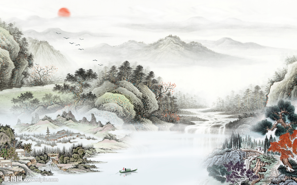国画 风景山水墙画 TIF分层