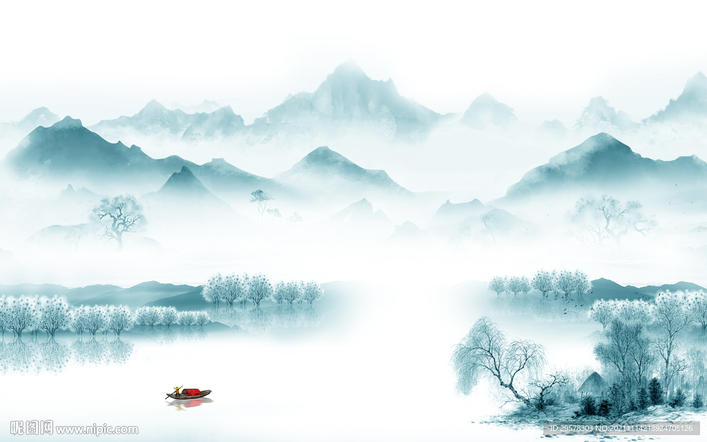 蓝色风景山水墙画 TIF分层