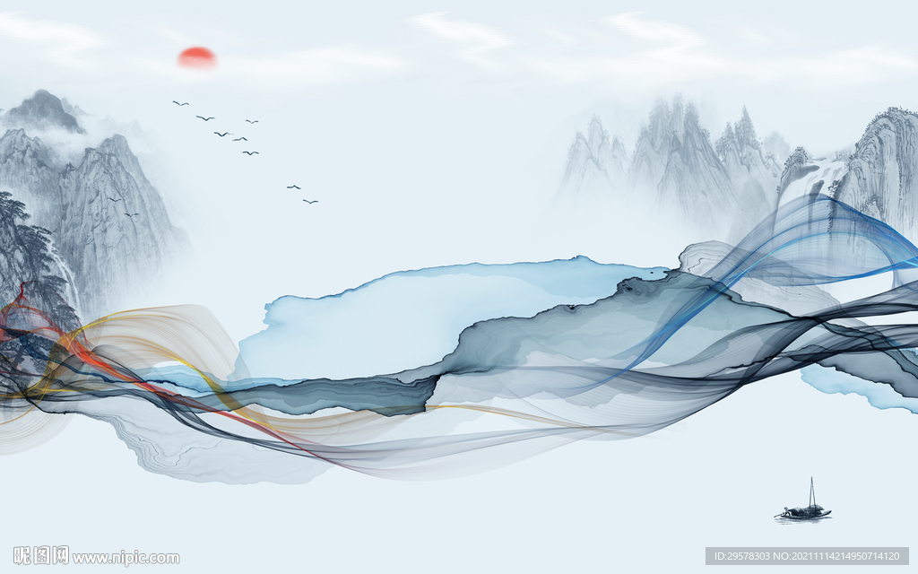 高档 风景山水墙画 TIF分层