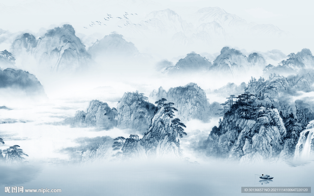 新中式山水客厅墙画 TIF分层