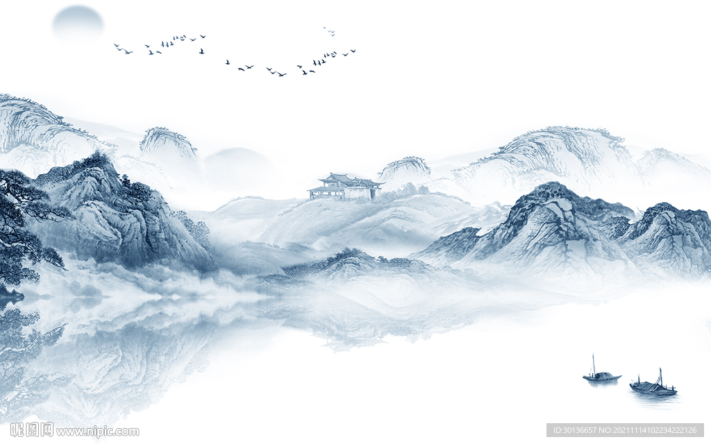 人气 山水客厅墙画 TIF分层