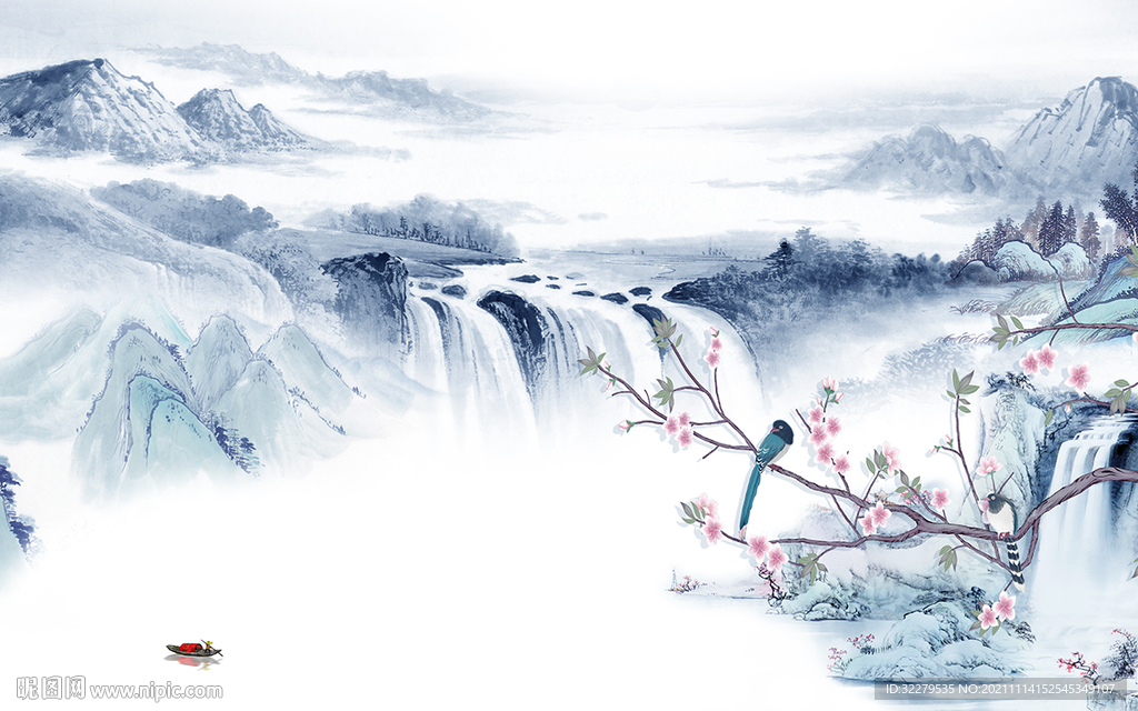 新中式客厅墙画山水 TIF分层