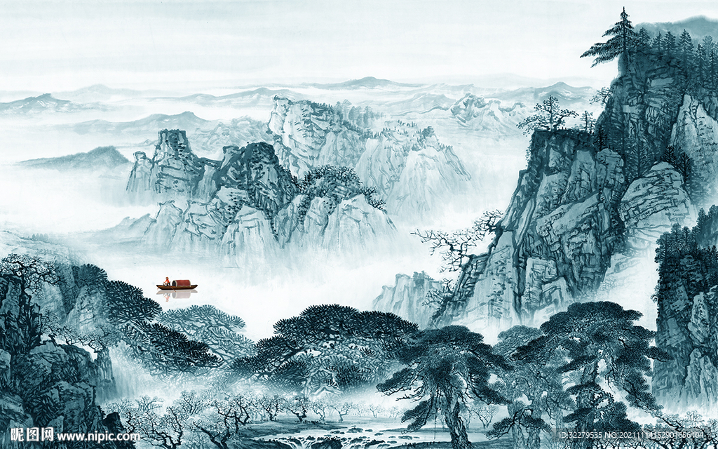 国画客厅墙画山水 TIF分层