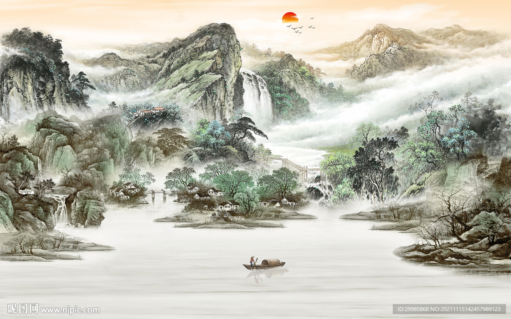 新中式山水意境墙画 TIF分层