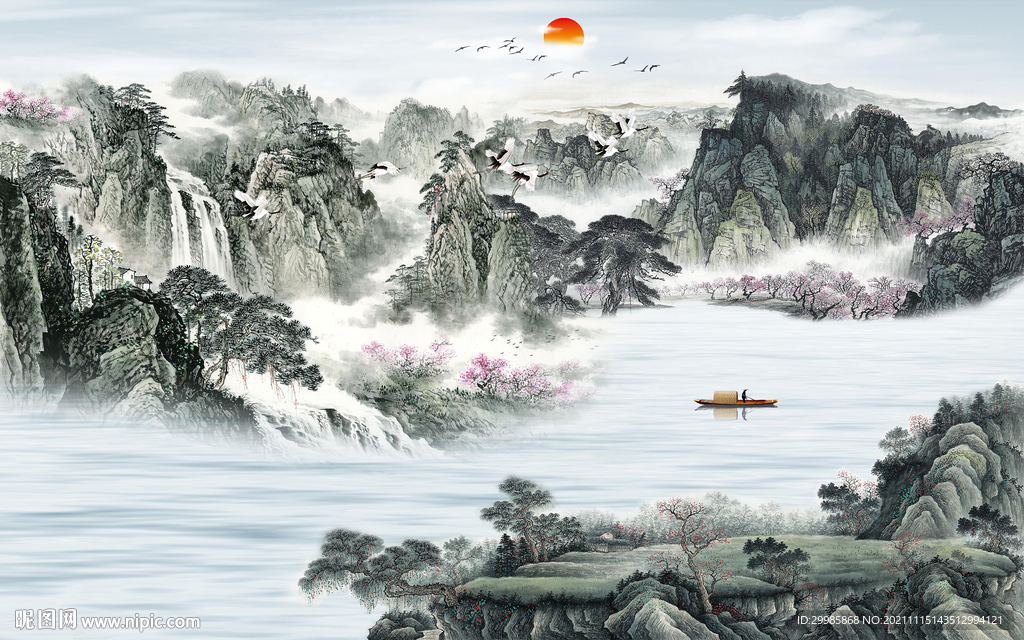 国画 山水意境墙画 TIF分层