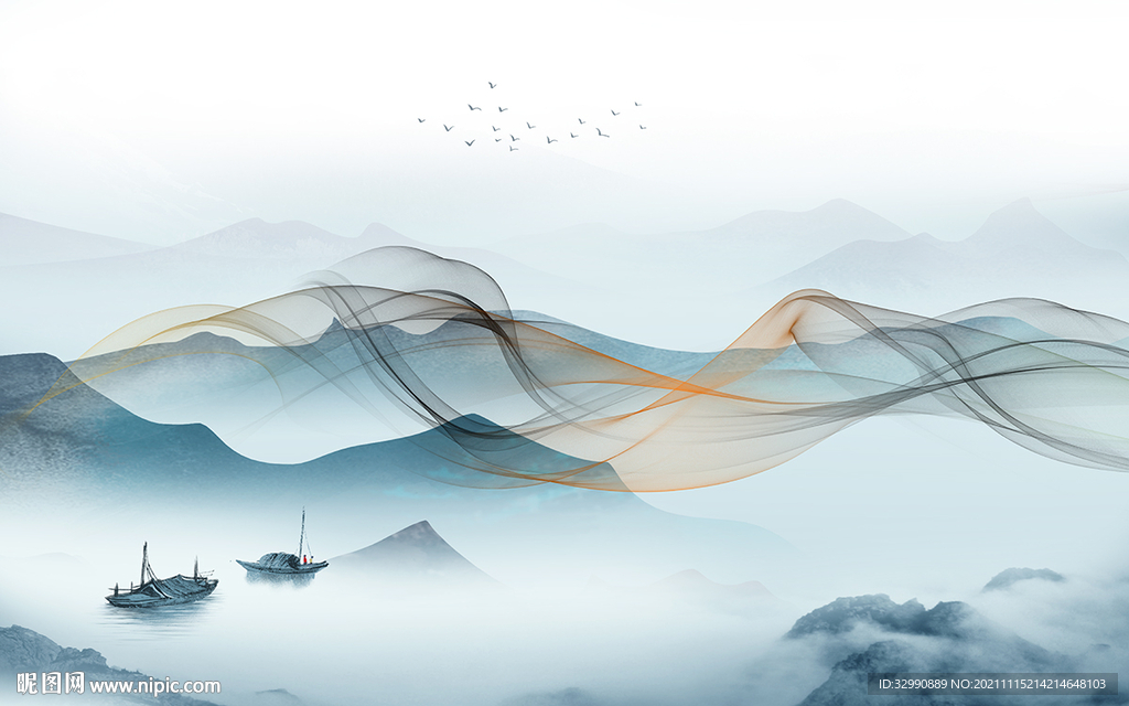 中式风景山水墙画 TIF分层