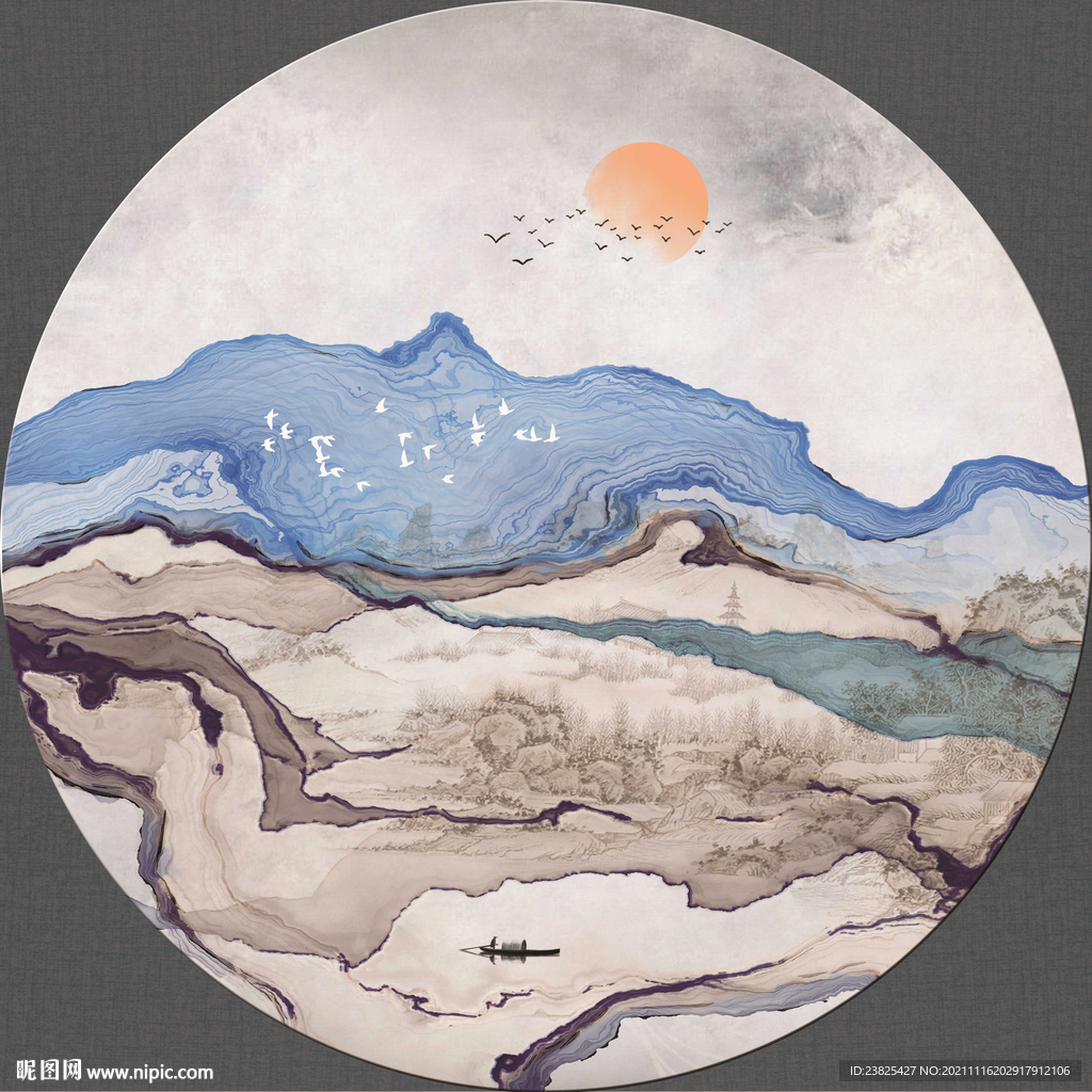 新中式抽象水墨山水圆形装饰画
