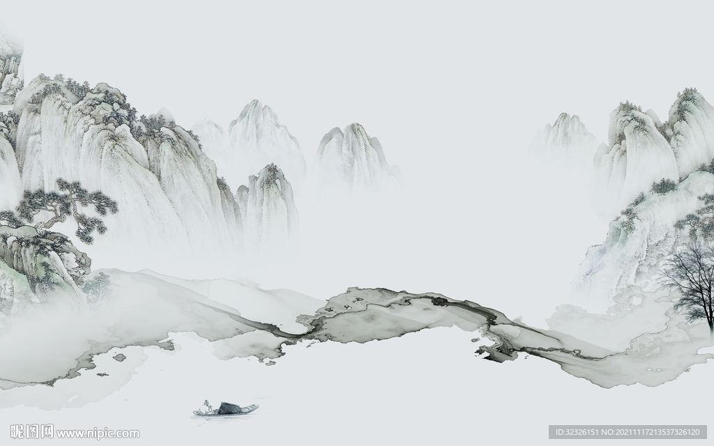 中式意境山水墙画 tif分层