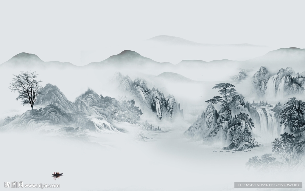 最新意境山水墙画 tif分层