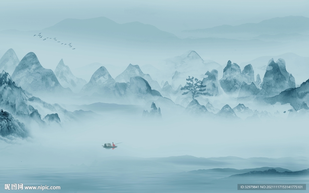 蓝色客厅背景山水 TIF分层