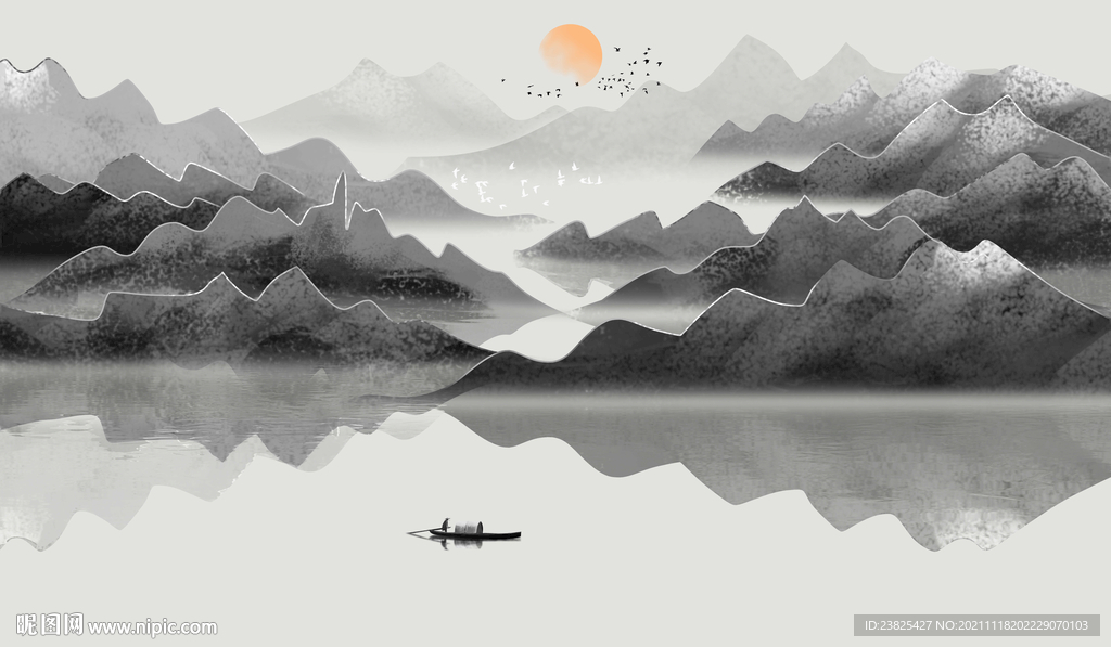 新中式抽象水墨山水电视背景墙