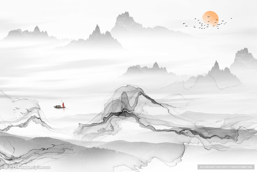 新中式抽象水墨山水电视背景墙