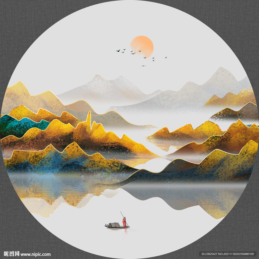 新中式抽象水墨山水圆形装饰画