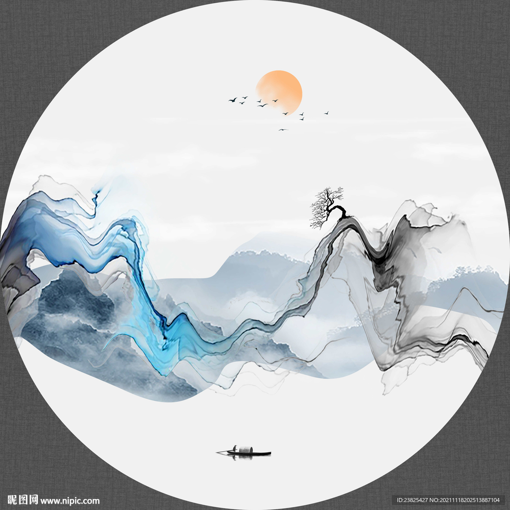 新中式抽象水墨山水圆形装饰画