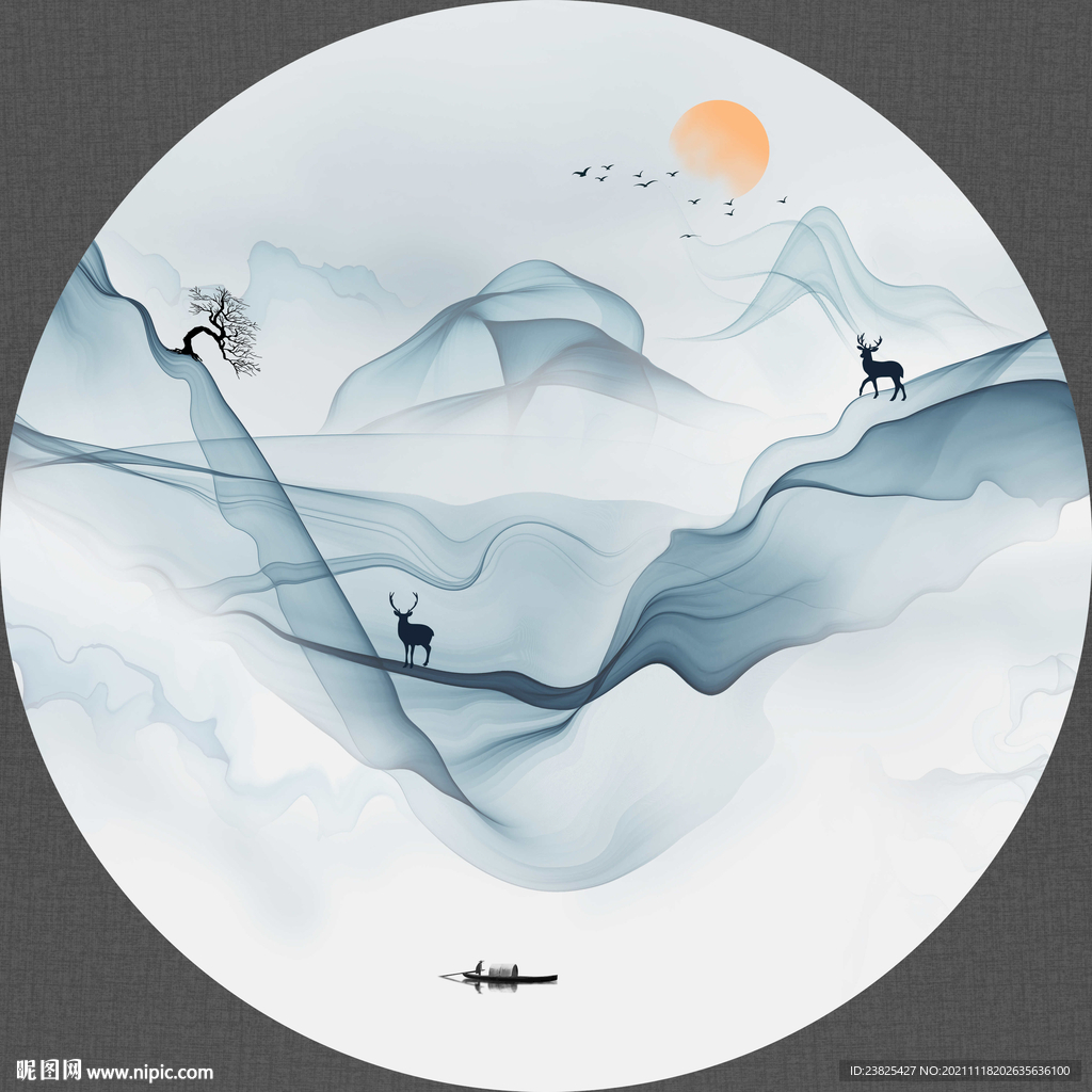 新中式抽象水墨山水圆形装饰画