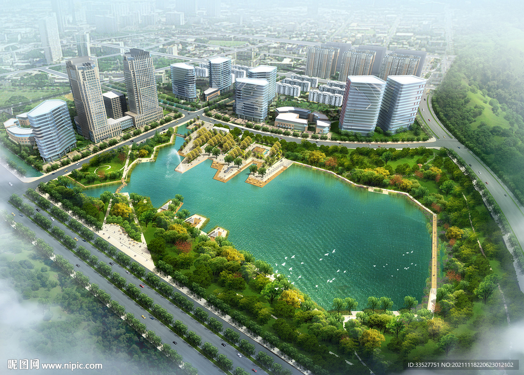 公园景观湖效果图