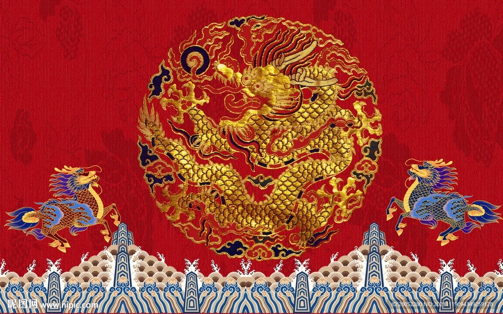 中国风麒麟龙纹背景