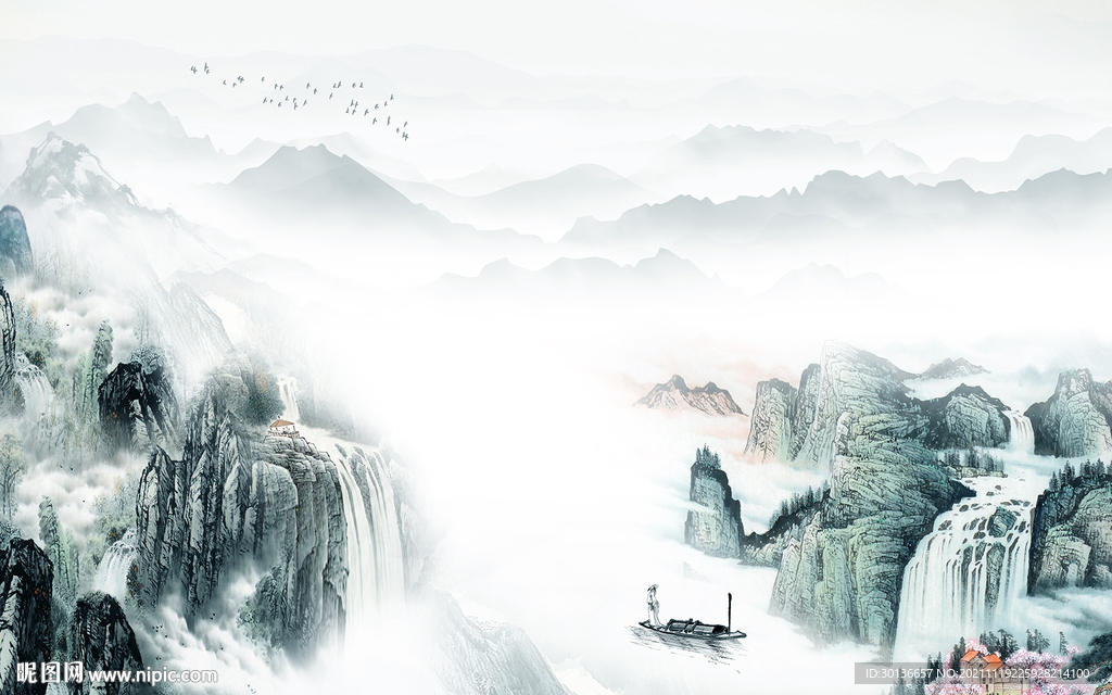 高档 山水背景墙画 TIF分层