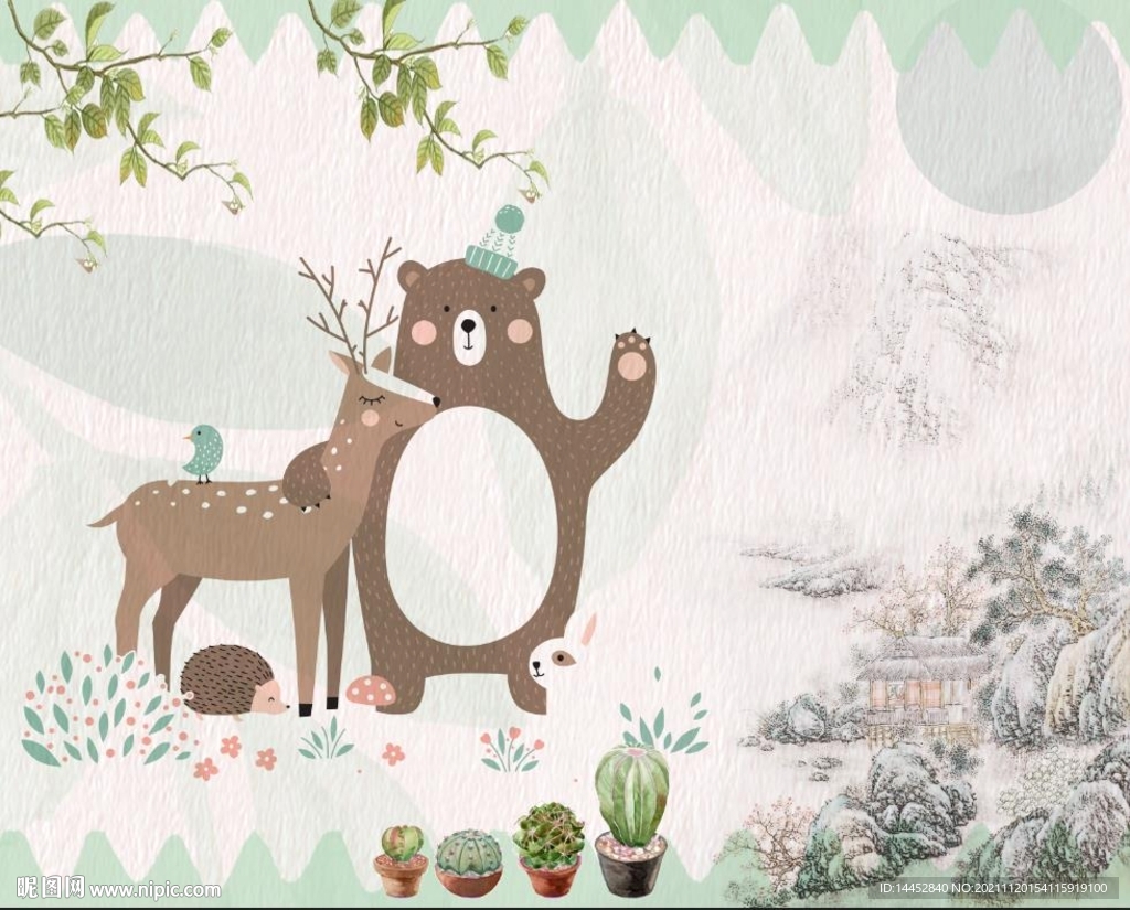 卡通 熊 鹿 树 植物 山水 