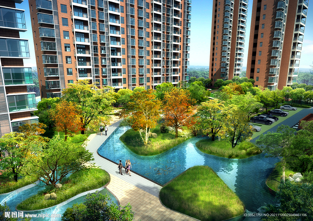 小区水景景观鸟瞰图