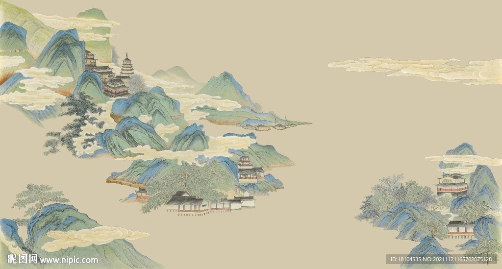 手绘新中式亭台楼阁