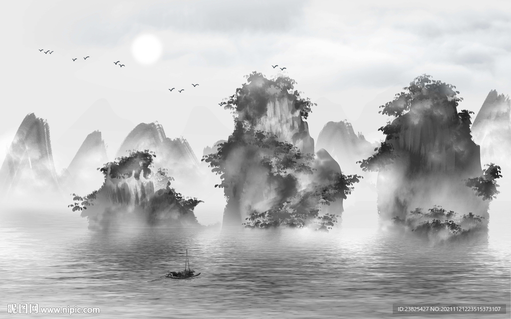 新中式水墨山水电视背景墙