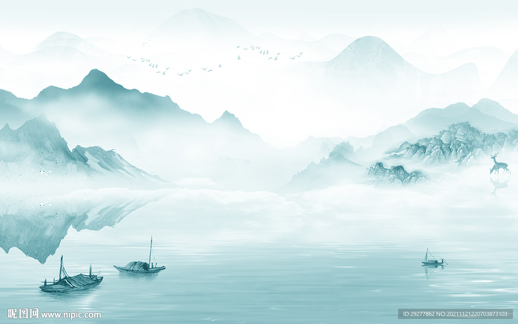 新中式山水背景新画 tif分层