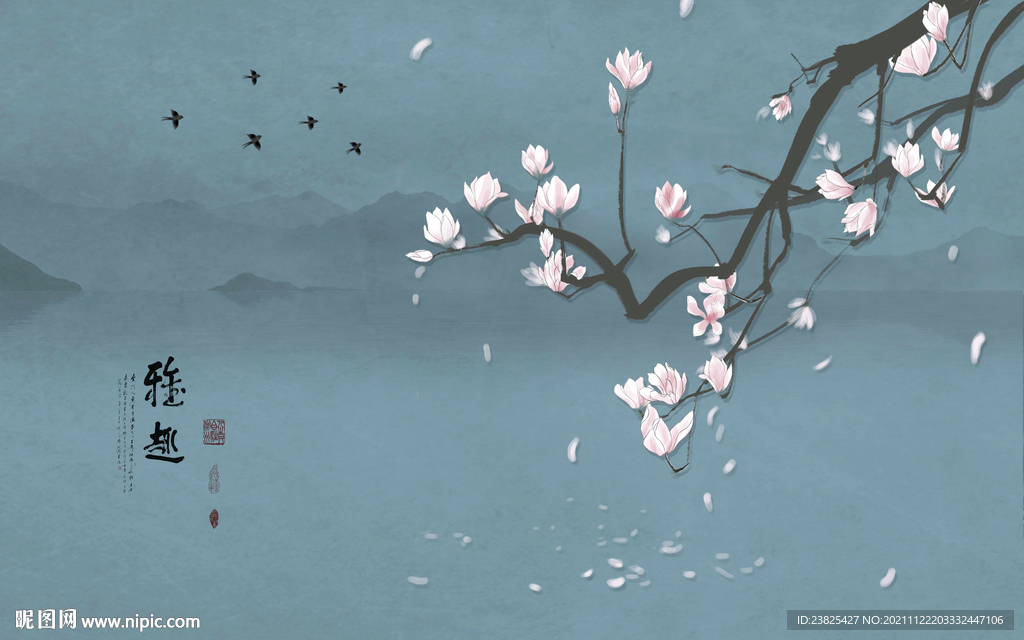 新中式手绘工笔花鸟电视背景墙