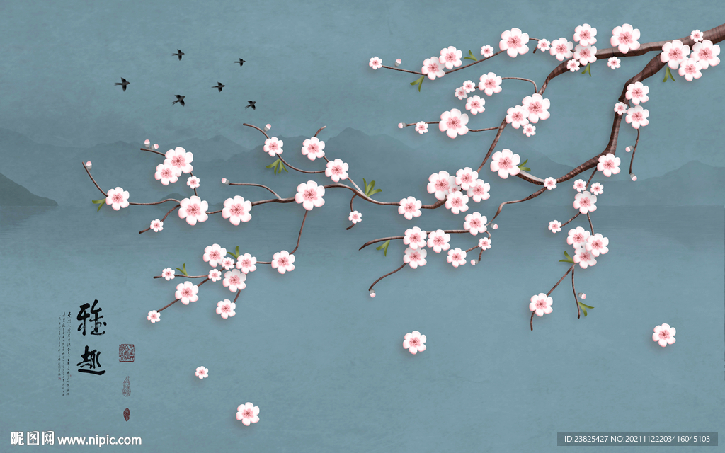 新中式手绘工笔花鸟电视背景墙