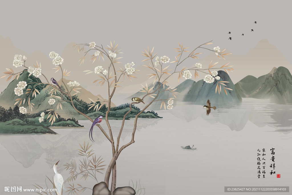 新中式手绘工笔花鸟电视背景墙