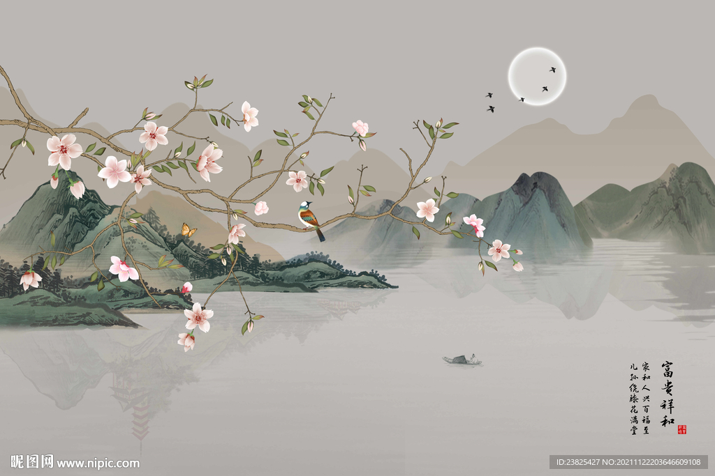 新中式手绘工笔花鸟电视背景墙