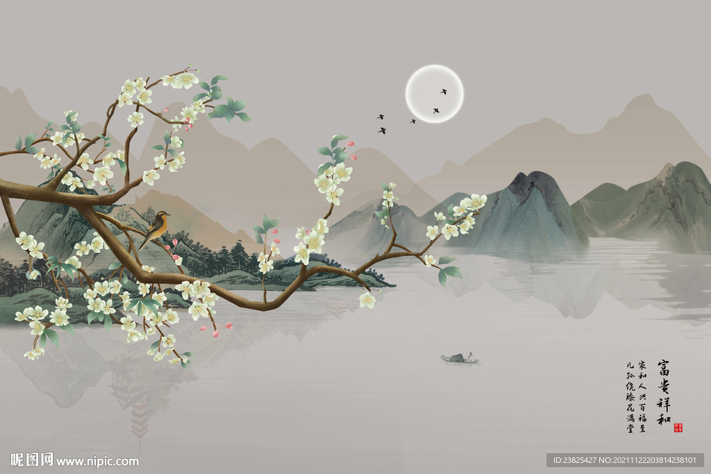 新中式手绘玉兰花鸟电视背景墙