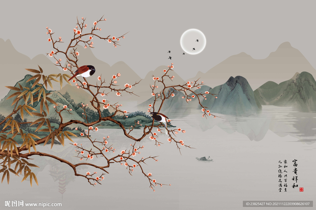 新中式工笔花鸟山水电视背景墙