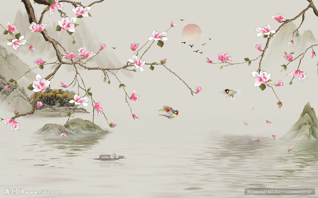 新中式手绘工笔花鸟电视背景墙