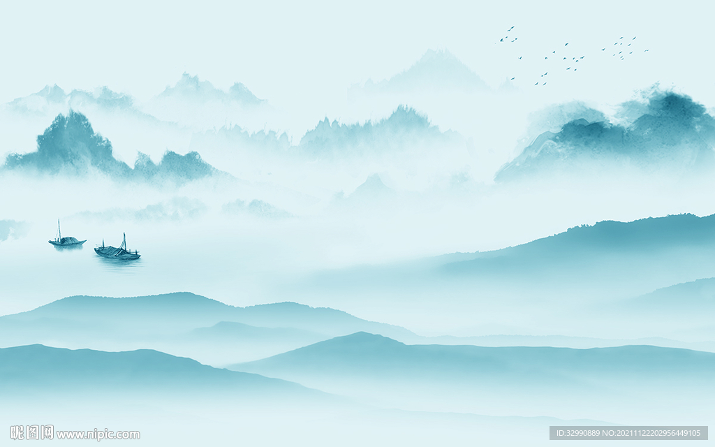 中国风别墅山水墙画 TIF分层