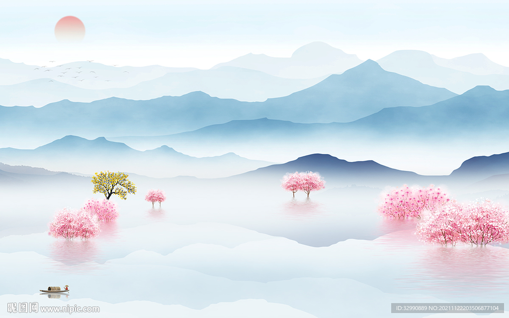 高清 别墅山水墙画 TIF分层