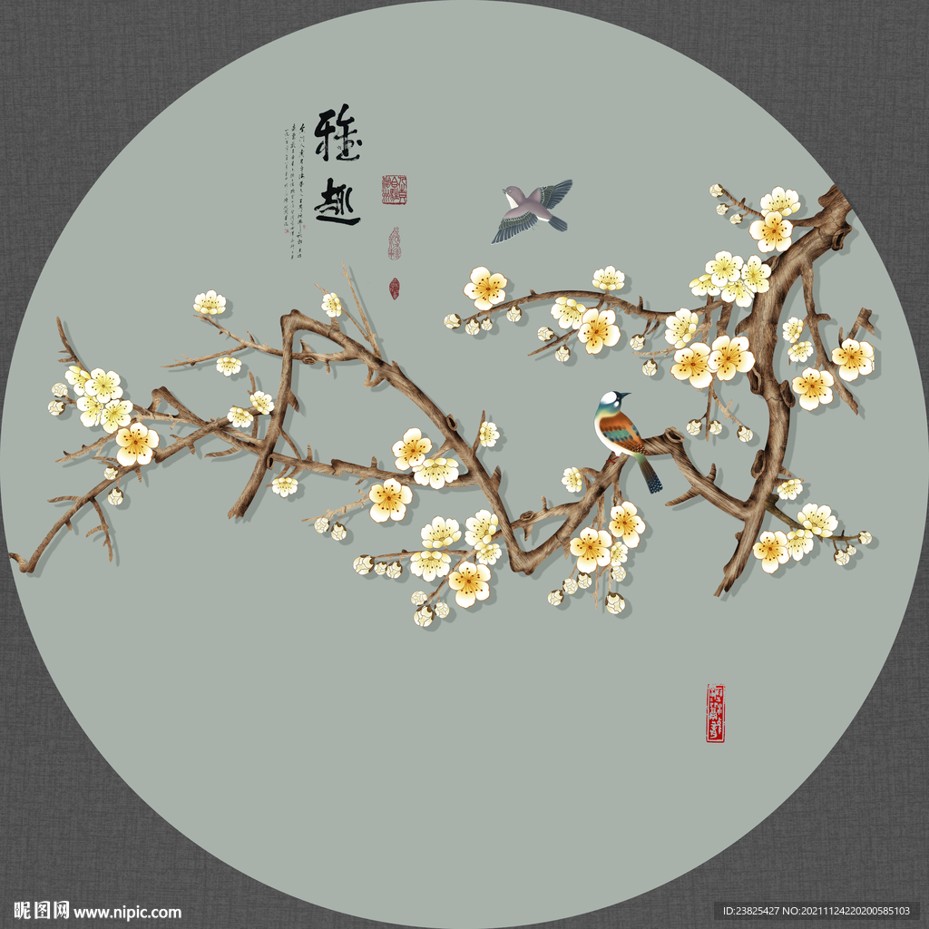 新中式手绘玉兰花鸟圆形装饰画
